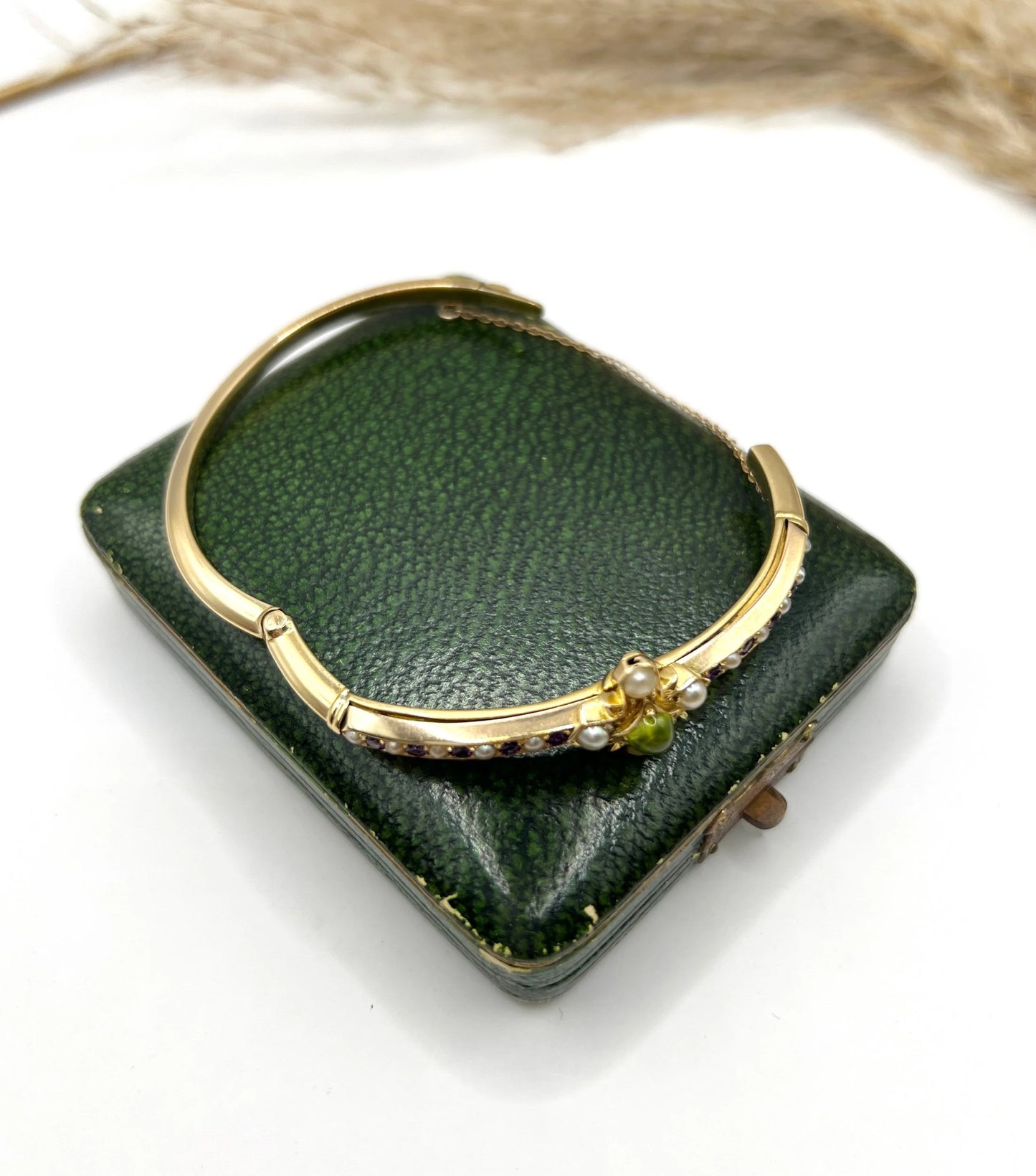 Antique 15 Carat Gold Peridot, Amethyst and Pearl Suffragette Bangle, Circa 1910