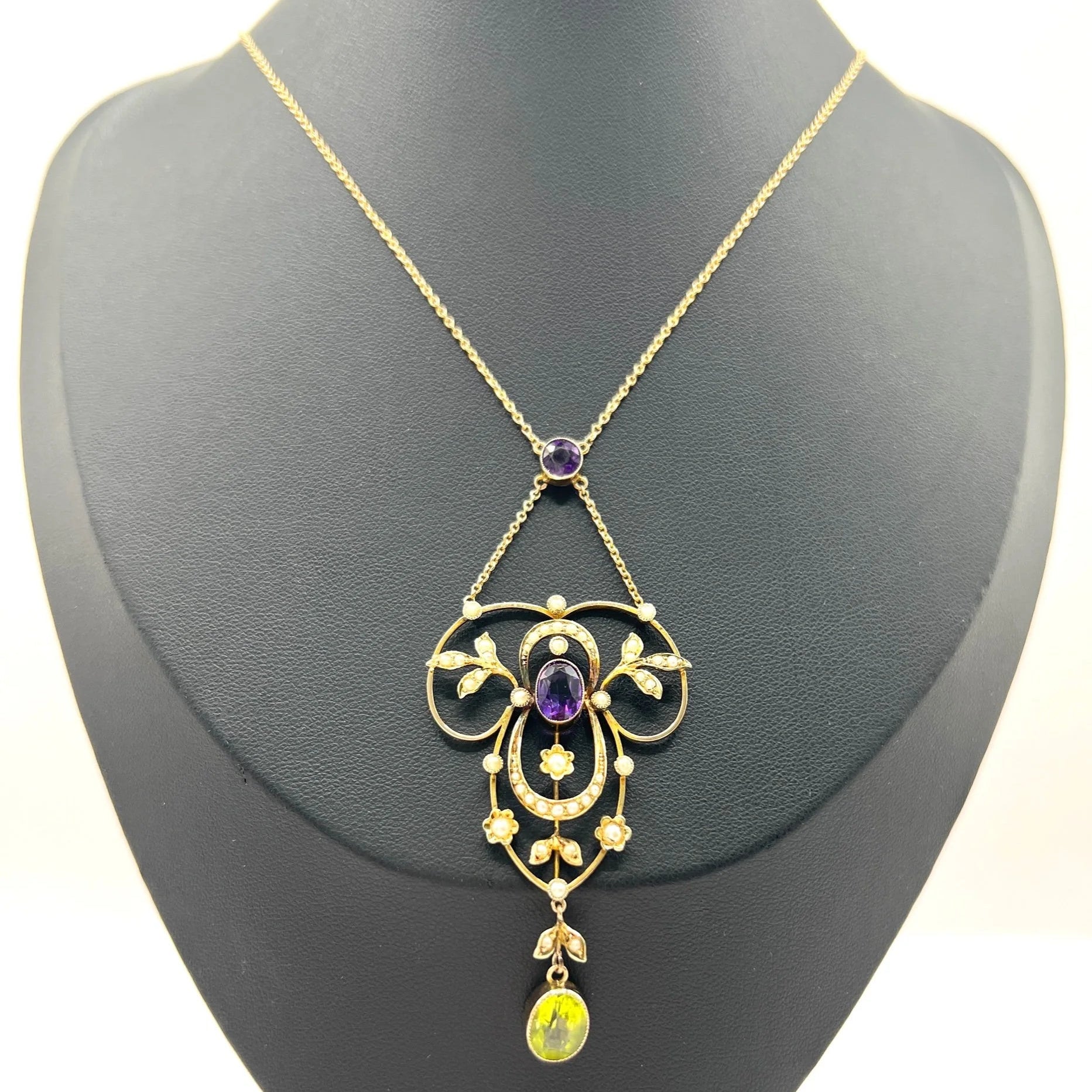 Antique Edwardian 9ct Gold Stamped Suffragette Pendant Necklace with Amethyst Peridot Seed Pearls