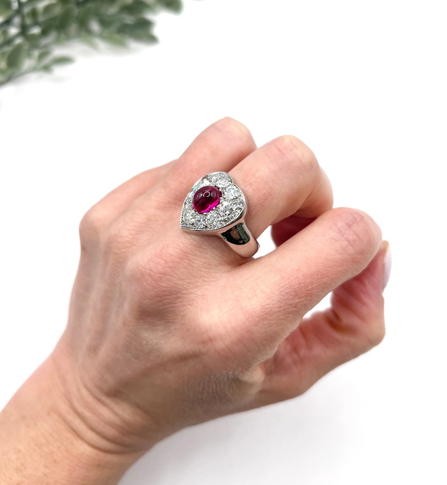 Vintage 14ct White Gold, Cabochon Ruby Heart-Shaped Diamond Cluster Ring