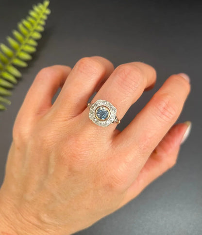 Antique Aquamarine And Diamond Cluster Ring In 18 Carat Yellow Gold And Platinum