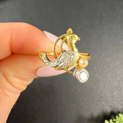 Art Nouveau 18 Carat Gold Old Cut Diamond and Natural Pearl Peacock Bird Ring