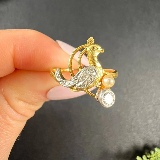 Art Nouveau 18 Carat Gold Old Cut Diamond and Natural Pearl Peacock Bird Ring
