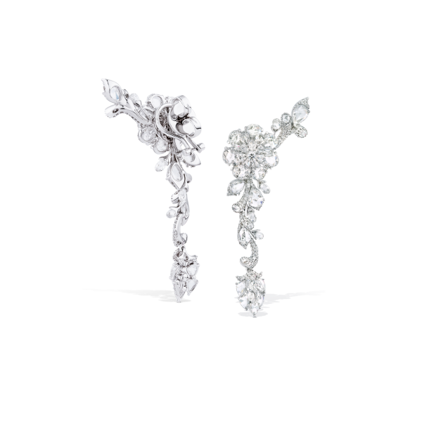 Rose Cut Diamond Floral Cluster Drop Earrings; set with 10.62cts oval and pear-shaped rose-cut diamond, in 18ct white gold