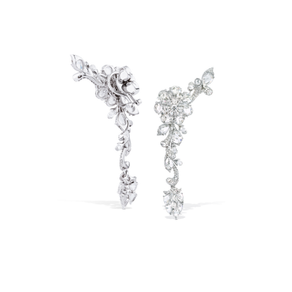 Rose Cut Diamond Floral Cluster Drop Earrings; set with 10.62cts oval and pear-shaped rose-cut diamond, in 18ct white gold