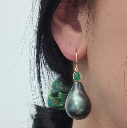 Grey Tahitian Pearl and Cabochon Emerald Drop Earrings