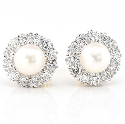 Vintage Pearl and Diamond Cluster Stud Earrings