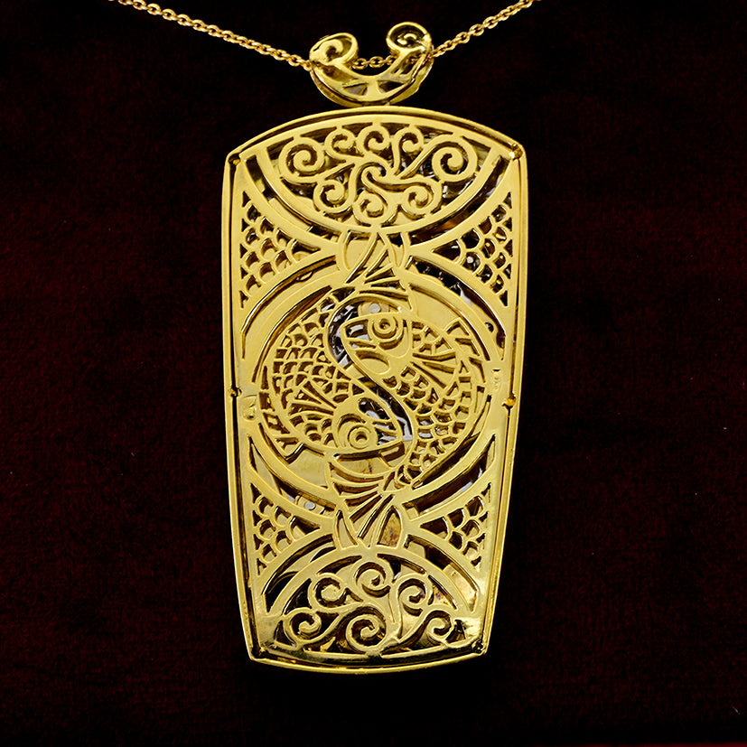 Vintage Estate 1970s Enamel and 2ct Diamond Koi Carp Fish Gold Pendant