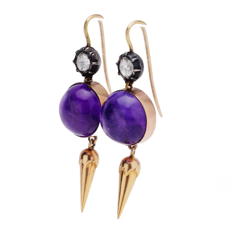 Antique Victorian Cabochon Amethyst and Diamond Drop Earrings