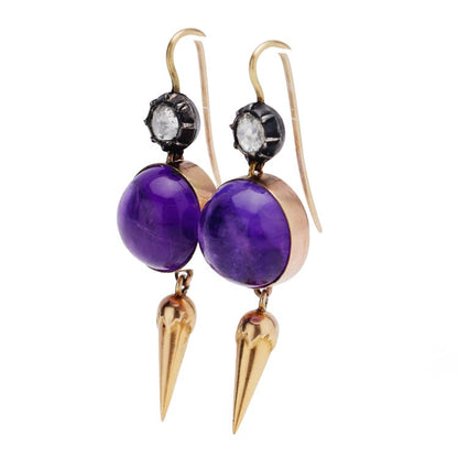Antique Victorian Cabochon Amethyst and Diamond Drop Earrings