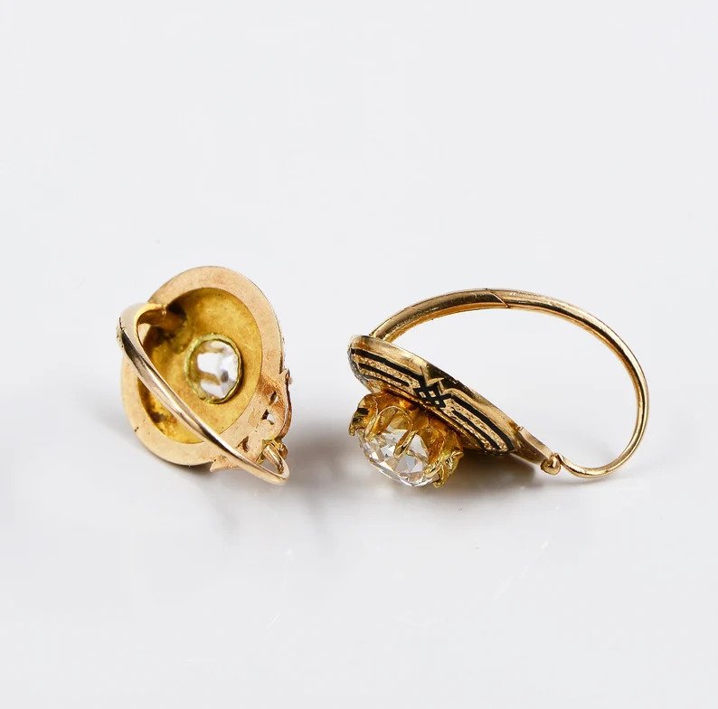 Antique Victorian 2.2ct Diamond Enamel and Gold Drop Earrings; 2.23ct cushion-shaped old mine-cut diamonds in 18ct yellow gold borders with distinctive enamel motifs, 19th century Circa 1860