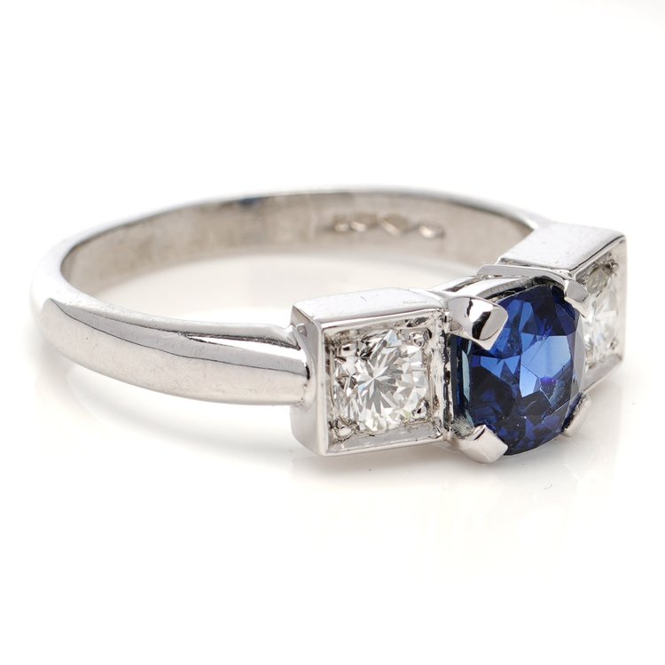 Vintage 0.85ct Sapphire and Diamond Three Stone Ring in Platinum
