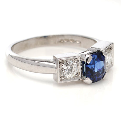 Vintage 0.85ct Sapphire and Diamond Three Stone Ring in Platinum