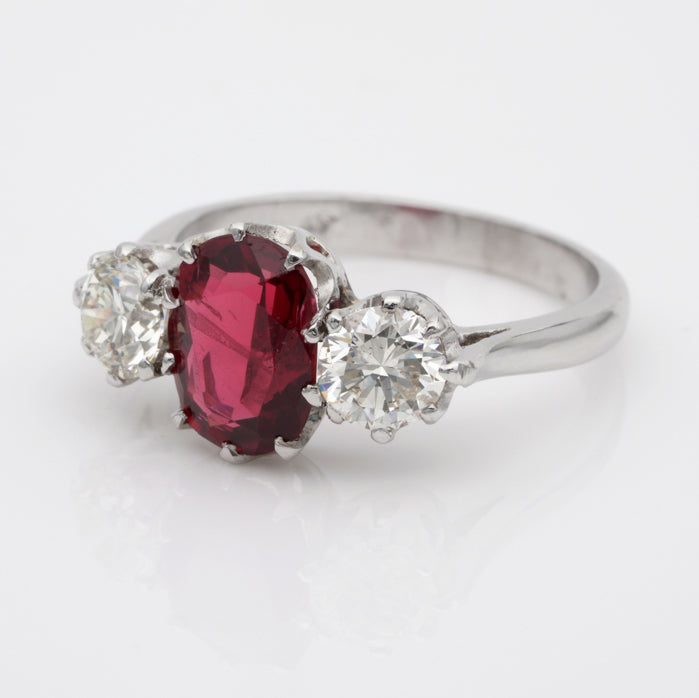 Vintage 1.90ct Natural No Heat Oval Red Spinel and Diamond Trilogy Three Stone Engagement Ring in Platinum