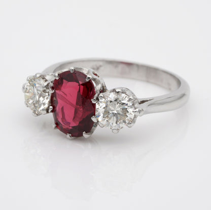 Vintage 1.90ct Natural No Heat Oval Red Spinel and Diamond Trilogy Three Stone Engagement Ring in Platinum