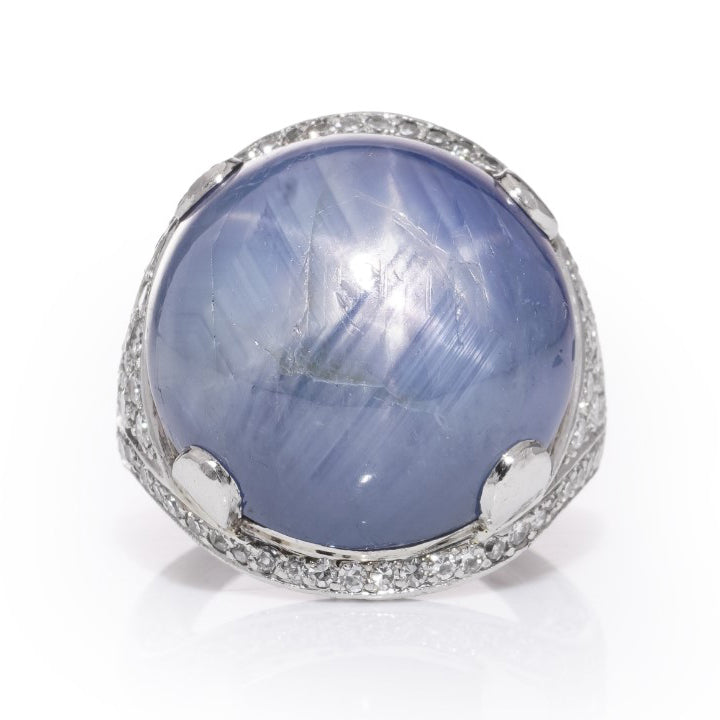 46ct Cabochon Star Sapphire and Diamond Domed Cocktail Ring in Platinum