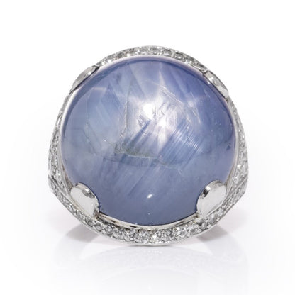 46ct Cabochon Star Sapphire and Diamond Domed Cocktail Ring in Platinum