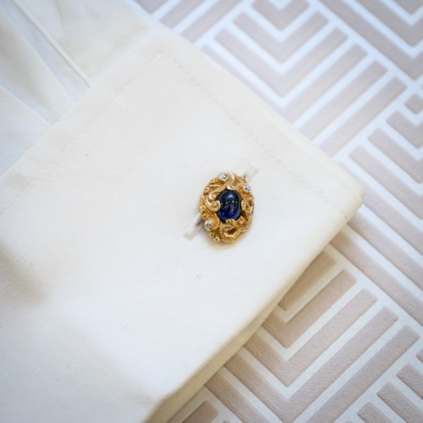 Cabochon Sapphire and Old Cut Diamond Carved Gold Cufflinks
