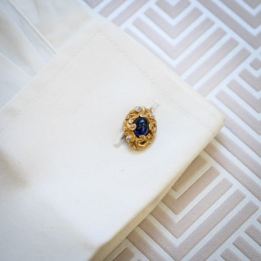 Cabochon Sapphire and Old Cut Diamond Carved Gold Cufflinks