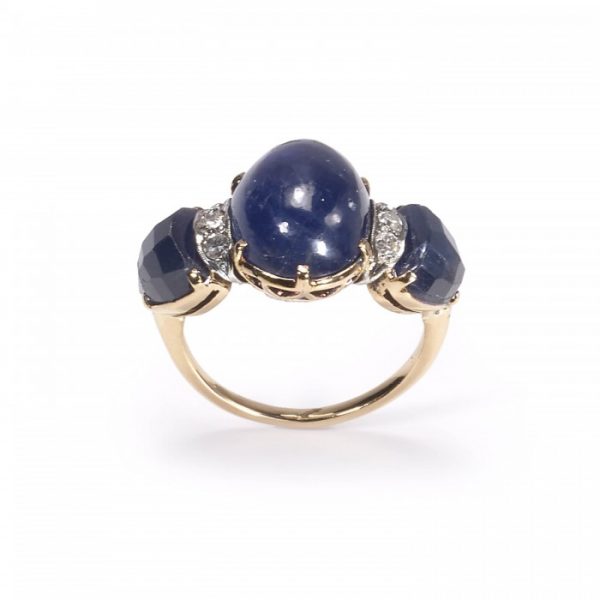 Vintage Cabochon Sapphire and Diamond Three Stone Ring, Circa 1950s