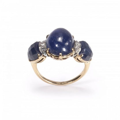 Vintage Cabochon Sapphire and Diamond Three Stone Ring, Circa 1950s