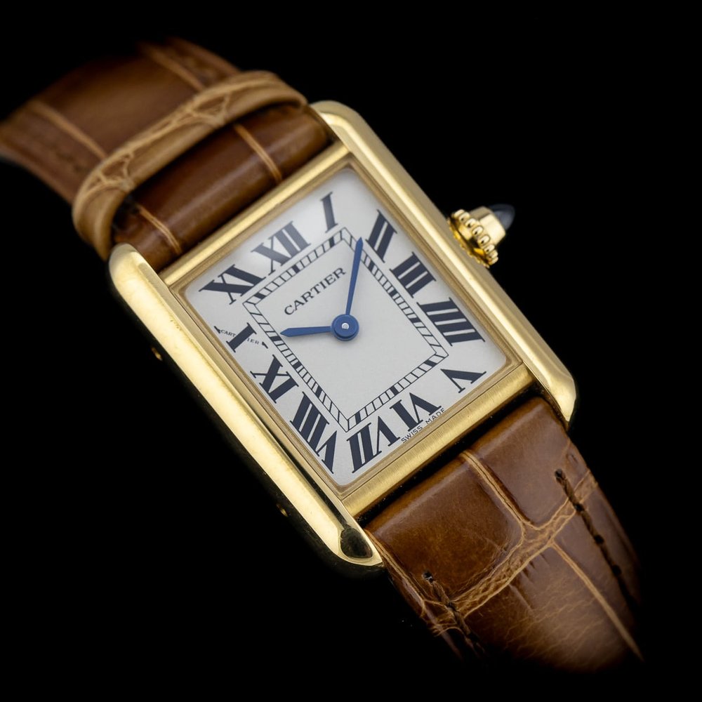 Ladies Cartier Tank Louis Cartier W1529856 2442 18ct Yellow Gold 22 x 30mm Quartz Watch on brown Alligator skin strap with Cartier yellow gold pin buckle