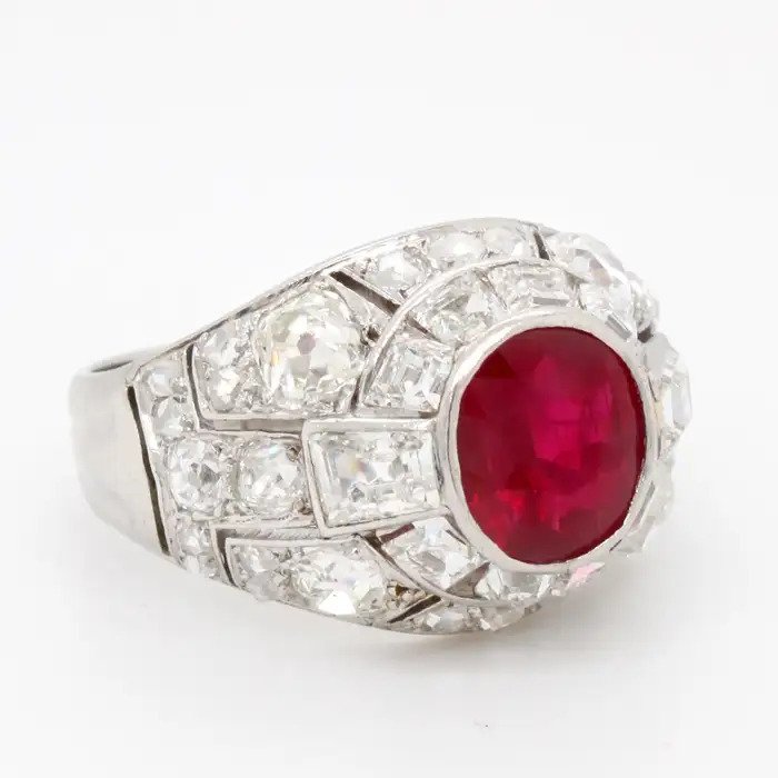 Art Deco 2ct Burma Ruby and Diamond Bombe Cocktail Ring