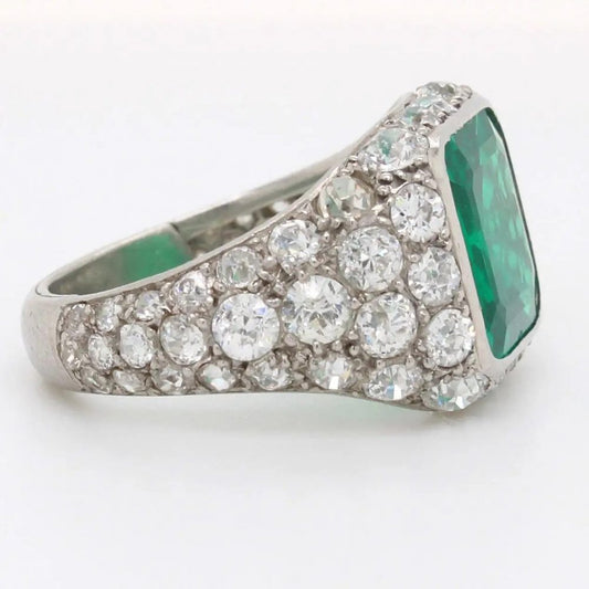 Art Deco Certified 2.85ct Natural No Oil Colombian Emerald and Old Cut Diamond Dress Ring