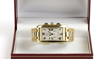 Cartier Gents Tank Americaine 1730 Chronograph 18ct Yellow Gold Quartz Rectangular Watch, white dial, Roman numerals, chronograph sub dials, sapphire crystal, faceted blue gem set crown, Cartier 18ct yellow gold bracelet with concealed double deployment clasp