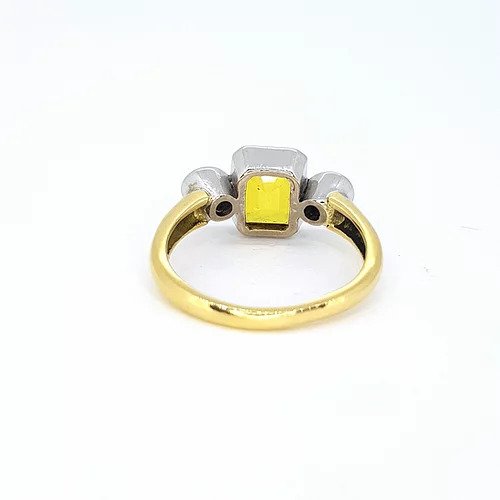 2.25ct Emerald Cut Yellow Sapphire and Diamond Three Stone Ring