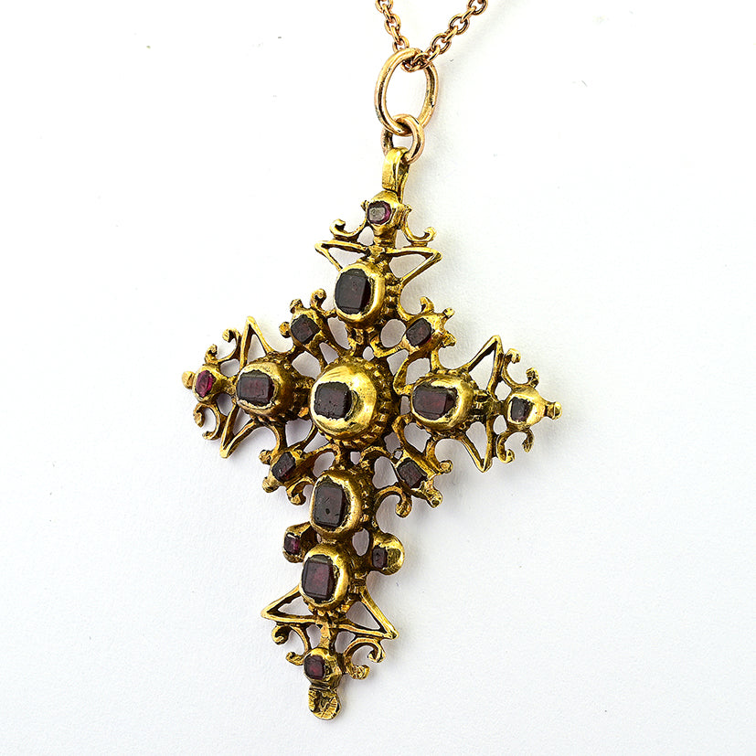 Georgian Antique Table Cut Garnet and Ruby Set 18ct Yellow Gold Cross Pendant, Mid 18th century Circa 1740