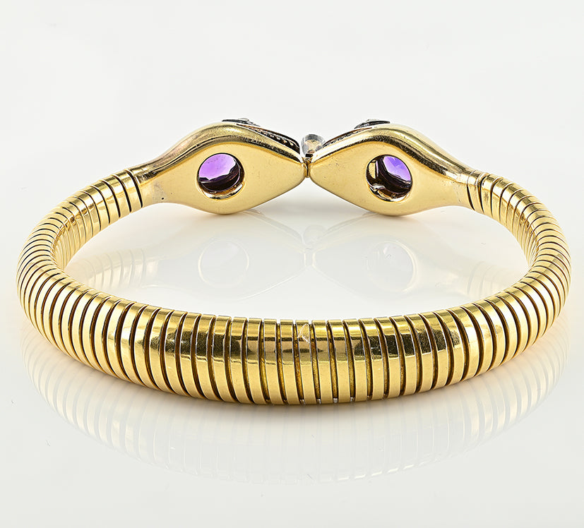 Vintage 1940s Retro Amethyst and Diamond Set 18ct Yellow Gold Snake Tubogas Bracelet