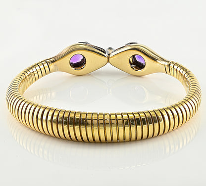 Vintage 1940s Retro Amethyst and Diamond Set 18ct Yellow Gold Snake Tubogas Bracelet