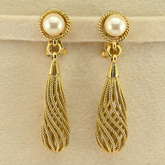 Vintage Weingrill Pearl and Gold Cord Spiral Torpedo Drop Earrings