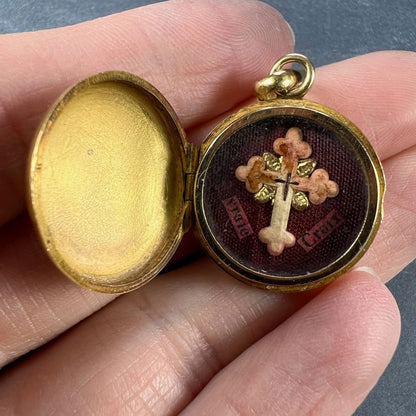 Vintage French Blue Enamel and Gold Cross Locket Pendant, designed as a reliquary for the True Cross text 'Vraie Croix'