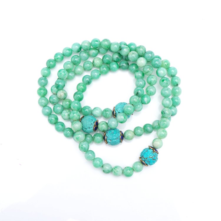Antique Chinese Jade Bead Necklace with Carved Turquoise