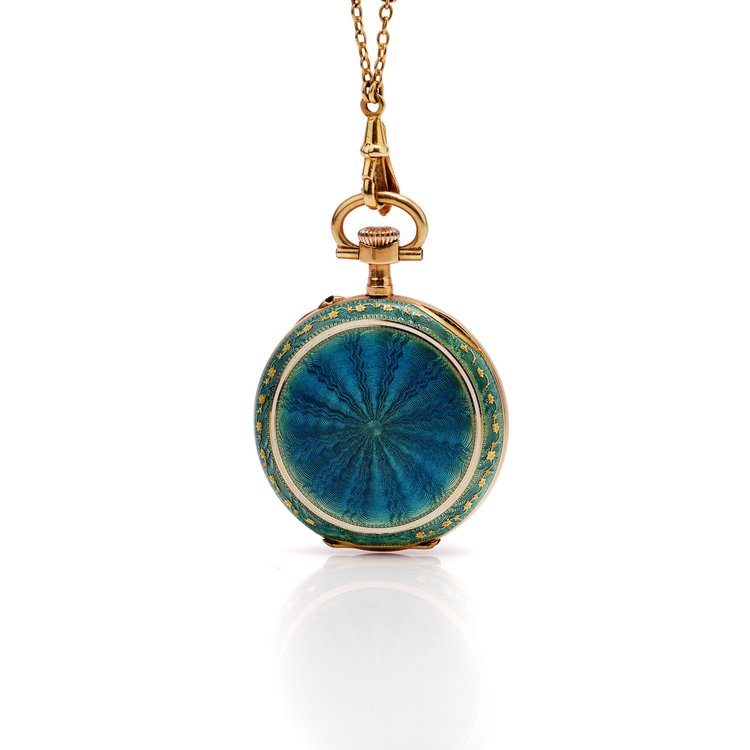 Vintage 1940s Gold and Guilloche Enamel Pendant Pocket Watch with Necklace