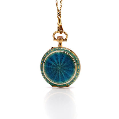 Vintage 1940s Gold and Guilloche Enamel Pendant Pocket Watch with Necklace