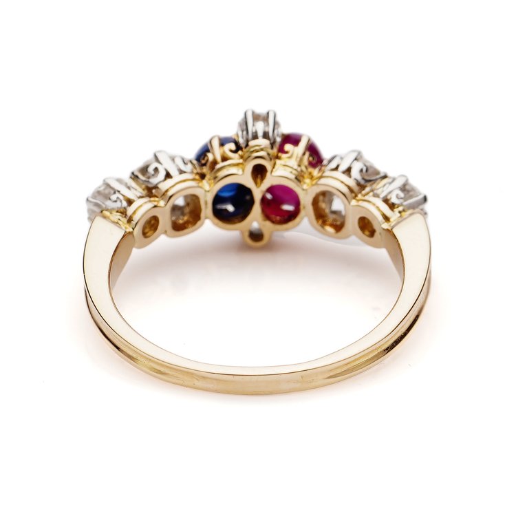 Antique Victorian Cabochon Ruby Sapphire and Old Cut Diamond Ring