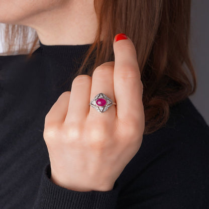 Art Deco Style Cabochon Ruby and Diamond Cluster Ring