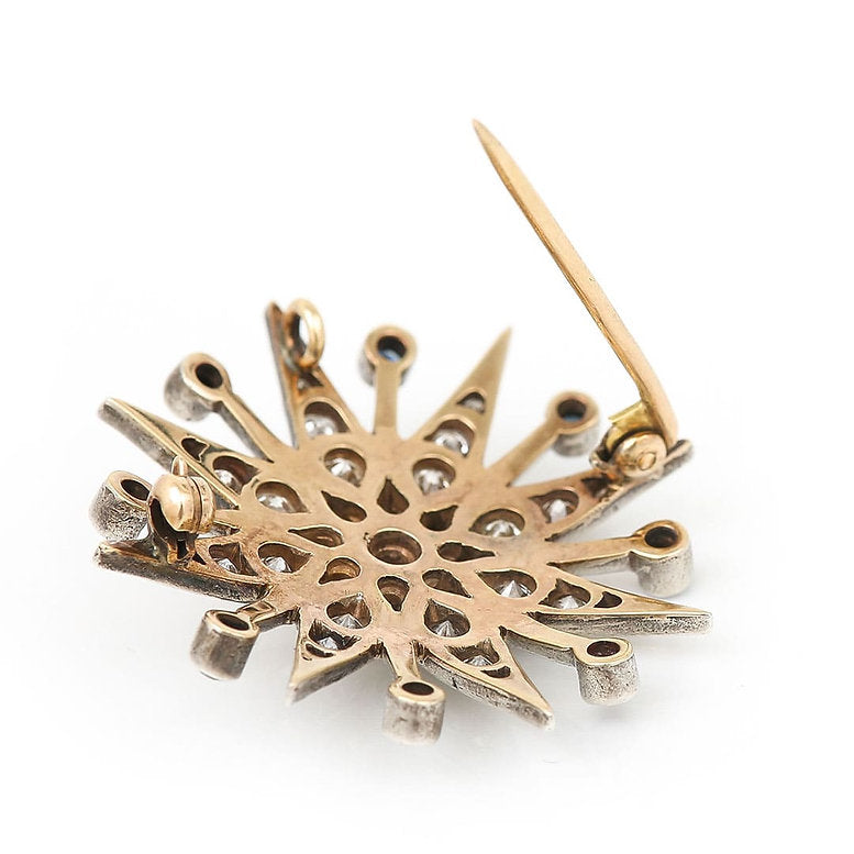 Vintage 1.80ct Diamond and Star Brooch come Pendant with 0.60cts Sapphires silver upon 18ct yellow gold