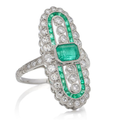 Vintage Art Deco Style Emerald and Diamond Cluster Plaque Ring