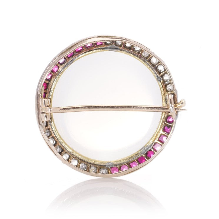 Antique Edwardian Cabochon Moonstone Ruby and Rose Cut Diamond Cluster Brooch