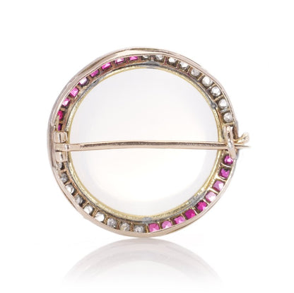 Antique Edwardian Cabochon Moonstone Ruby and Rose Cut Diamond Cluster Brooch