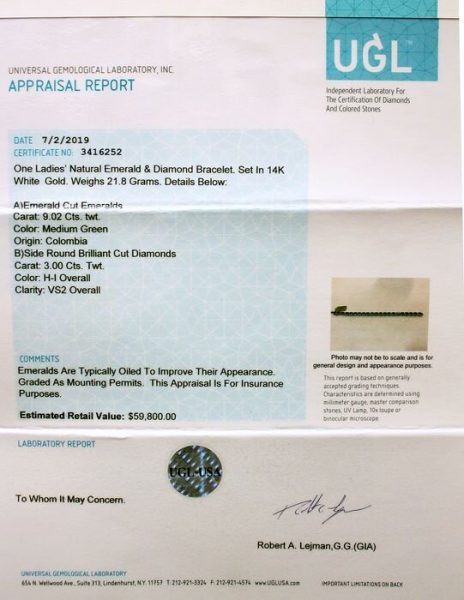 Colombian Emerald and Diamond Cluster Bracelet; featuring 9.02cts emerald-cut emeralds and 3.00cts brilliant cut diamonds, in 14ct White Gold, with certificate