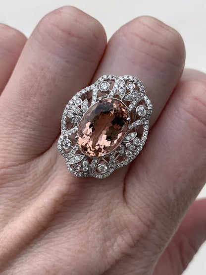 6.35ct Oval Cut Morganite and Diamond Dress Ring