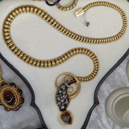 Antique Victorian Garnet Diamond and Gold Articulated Snake Necklace, in re-fitted antique box