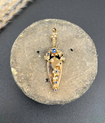 Antique 15 Carat Rose Gold Sapphire and Pearl Pendant, Circa 1900