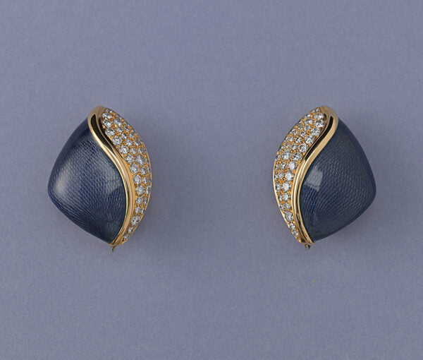 Diamond, Purple Enamel and 18ct Yellow Gold Clip On Earrings; set with purple enamel and 2.44cts diamonds, Signed De Vroomen, London, 1998.