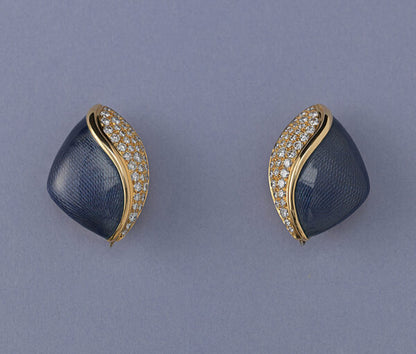 Diamond, Purple Enamel and 18ct Yellow Gold Clip On Earrings; set with purple enamel and 2.44cts diamonds, Signed De Vroomen, London, 1998.