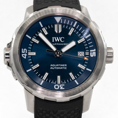IWC Aquatimer Expedition Jacques-Yves-Cousteau IW329005 Steel Automatic Watch; 42mm brushed stainless steel case with deep blue dial, white baton hour markers, date aperture at 3, unidirectional rotating Safe-Dive bezel, screw-down crown and helium escape valve. With special engraved case back, on a black rubber strap with tang buckle